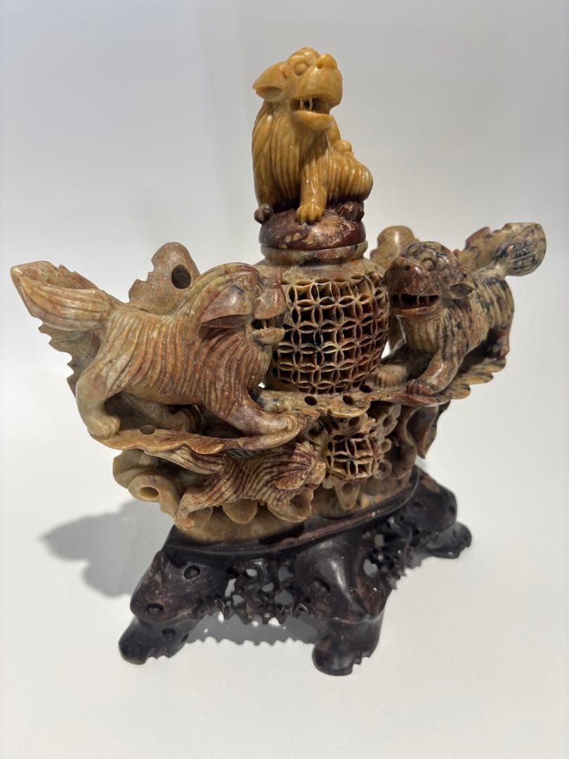 中国/獅子香炉/三頭の獅子/精密技工　/香炉（977）