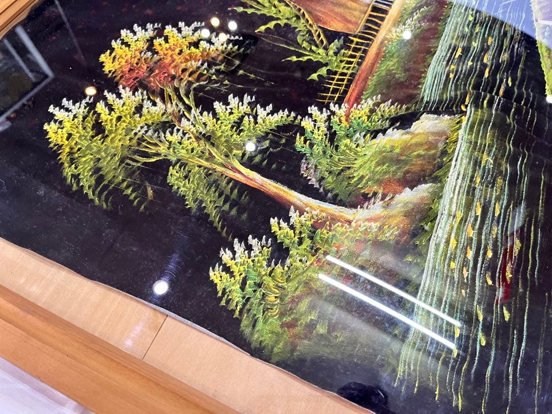 【アンティーク】額縁 額装 絵画 大きめ 木枠 風景画 草木 山 川 田舎 油絵