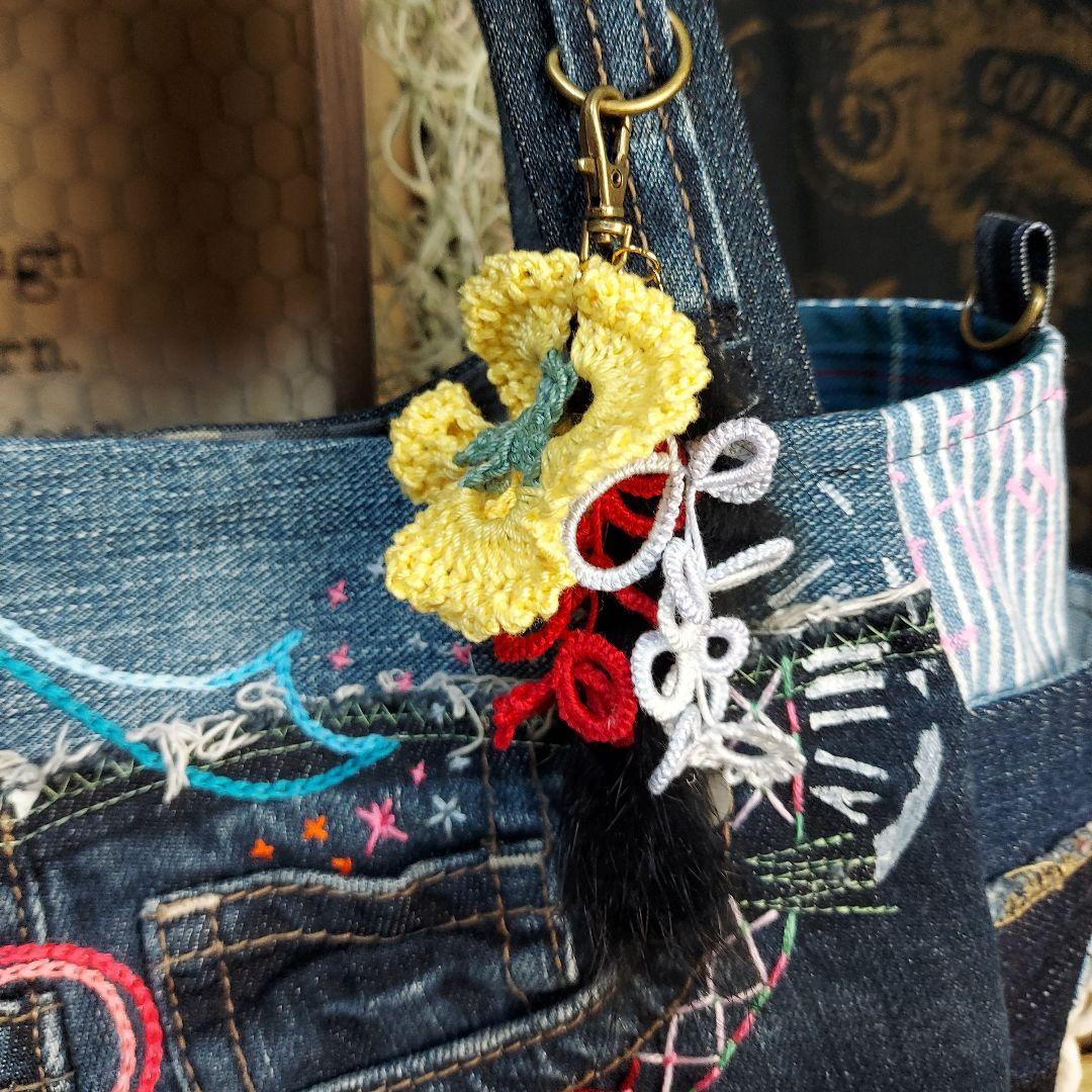 【ぽこぽん】刺繍デニムバックNo.633　刺繍ポーチNo.183