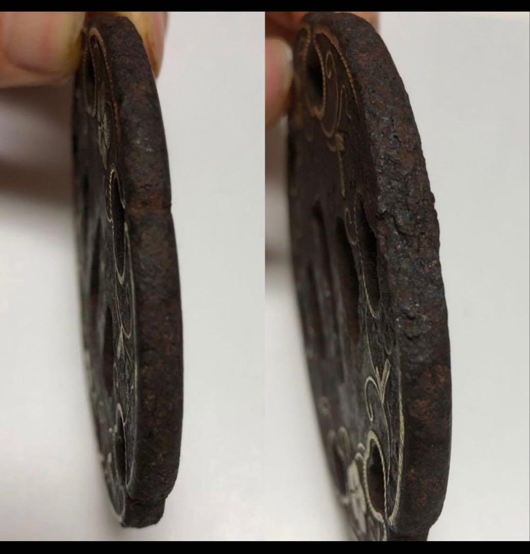 鍔 鉄地 金象嵌 鐔　花模样 直径約8cm 刀装具 古美術 時代物 X26A