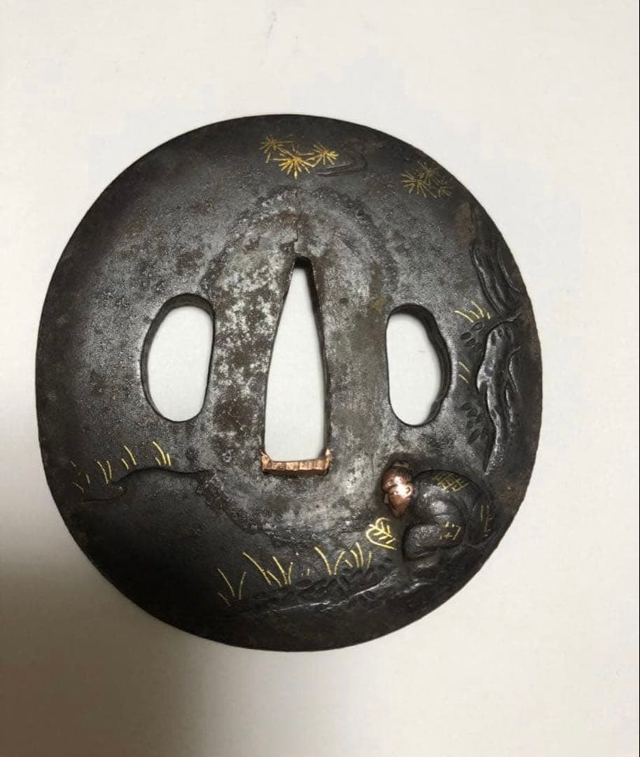 鍔 鉄地 象嵌 鐔　鉄地つば 翁図 刀装具 古美術 時代物 X26B