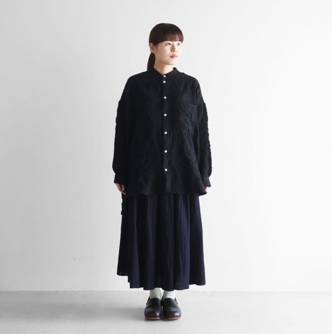 HUIS×尾州◆縮絨綿ウールガーゼ シャツ015&スカートU402◆ブラック