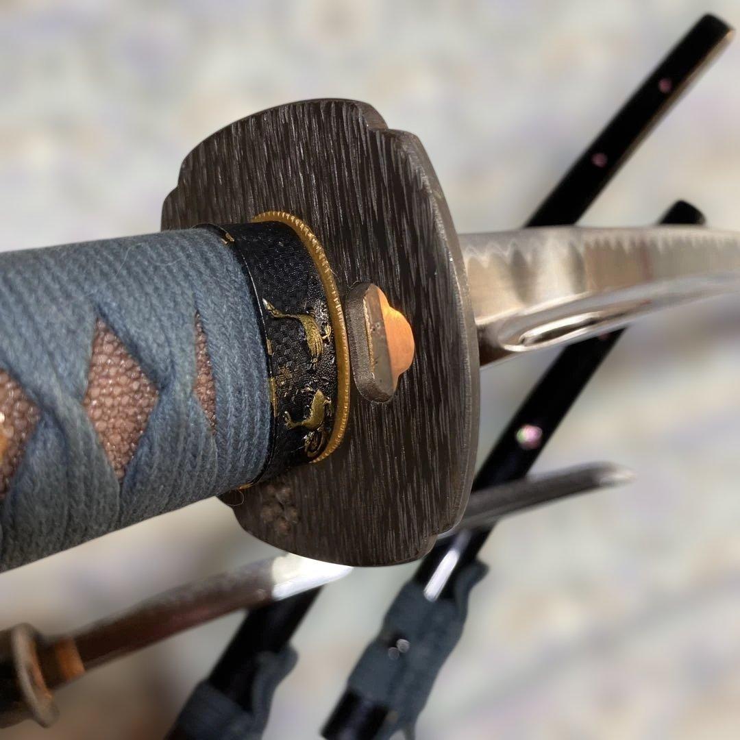 高級豪華版居合刀大小２本 青柄 桜透し木瓜鍔