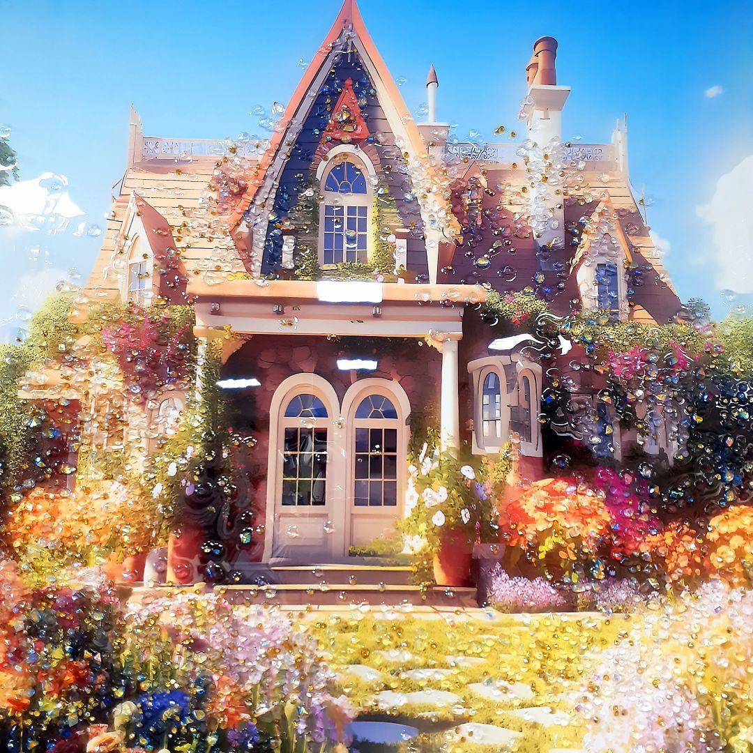 輸入雑貨　天然水晶石　『ヨーロッパ郊外・山奥の家』　クリスタルアート　ゴールド縁