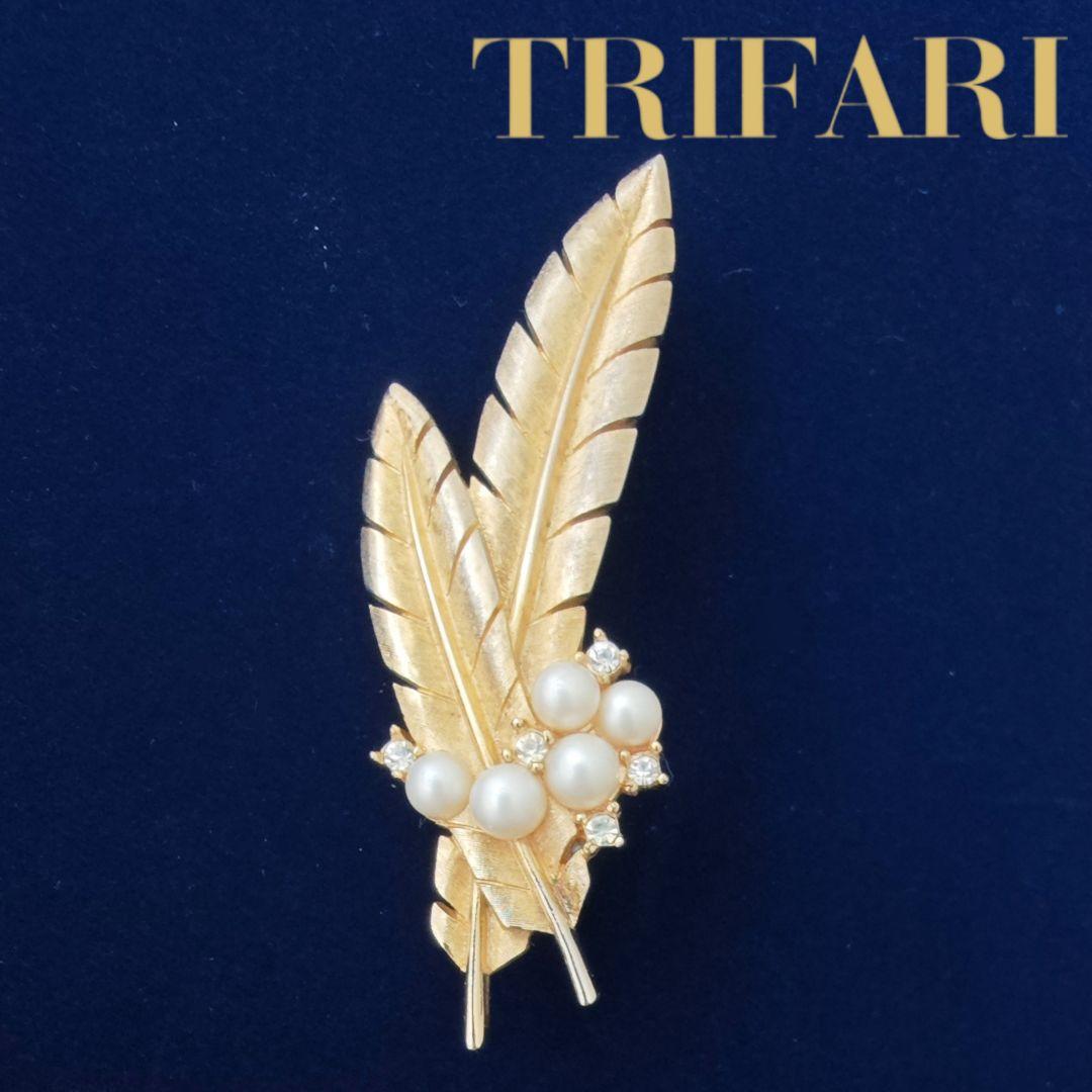 ヴィンテージtrifariパール＆ストーン　フェザーブローチcrownトリファリ
