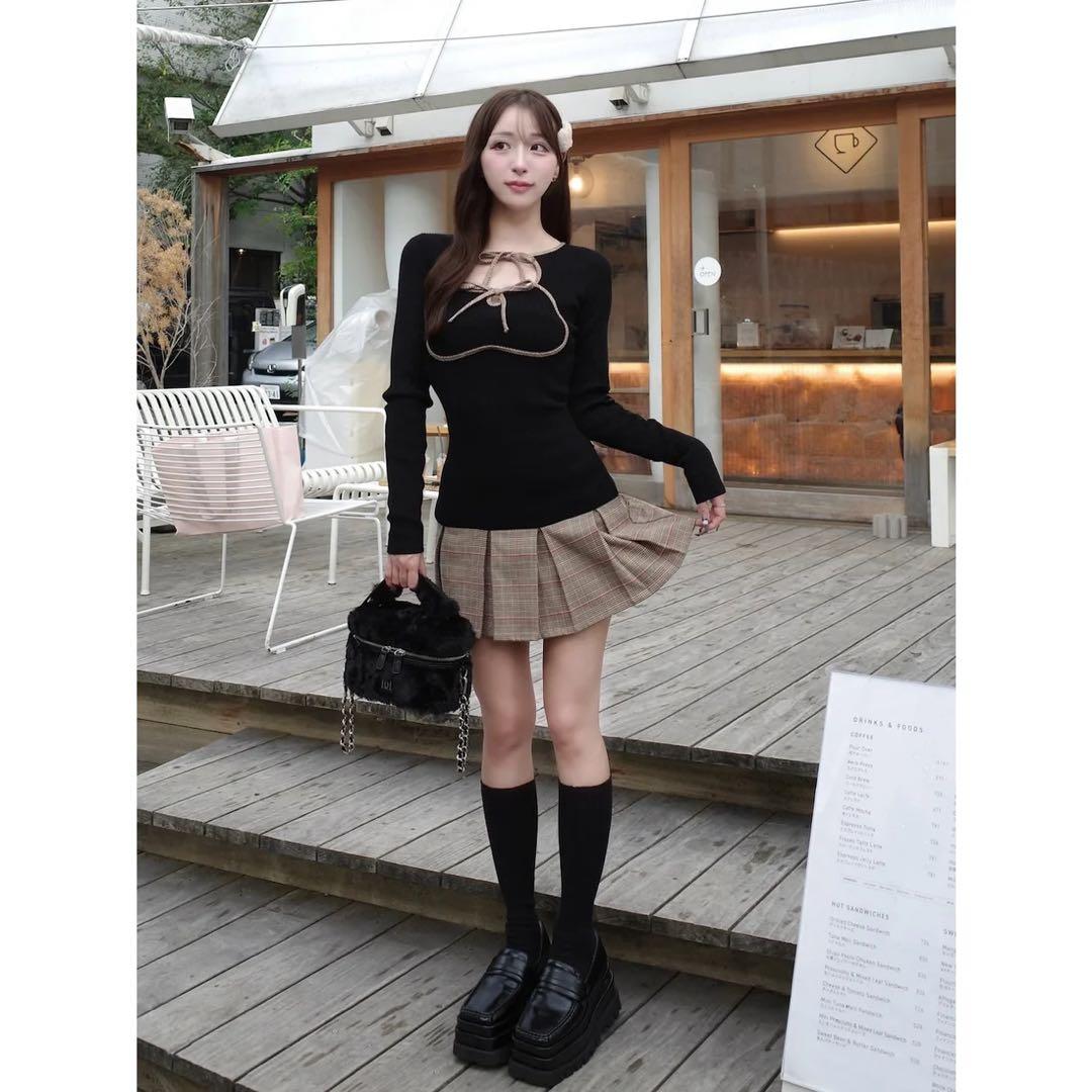 新品タグ付 ダーリッチ ポイントチェックニットミニワンピース フリー ブラック