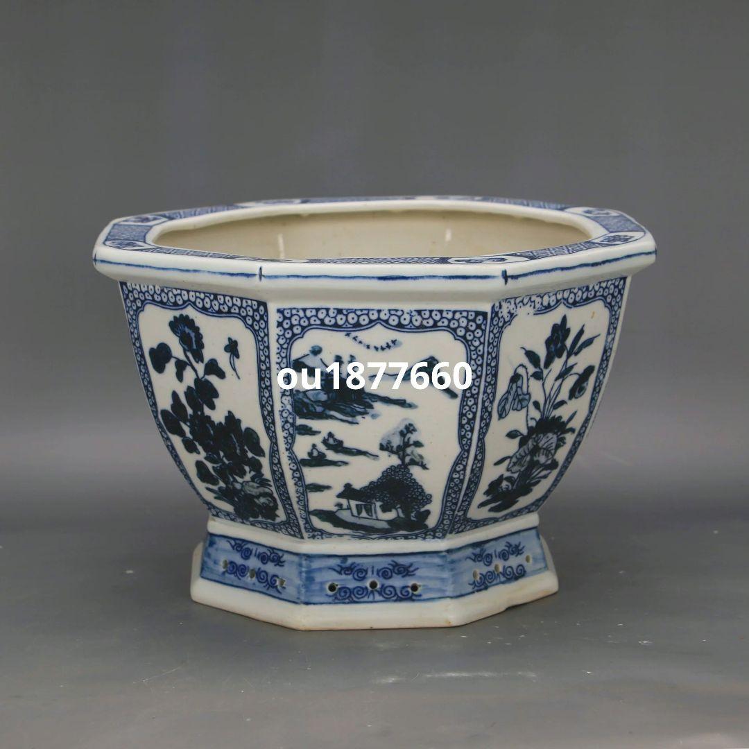 青花開窓山水花紋八方鉢 山野草鉢 多肉植物 植木鉢 小品大品盆栽鉢 陶器鉢置物