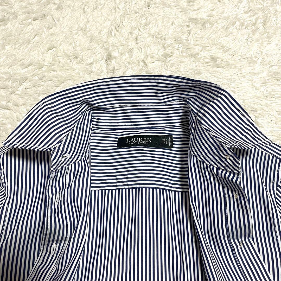 ローレンラルフローレン 現行 QRタグ ストライプ 長袖シャツ 青 刺繍ロゴ