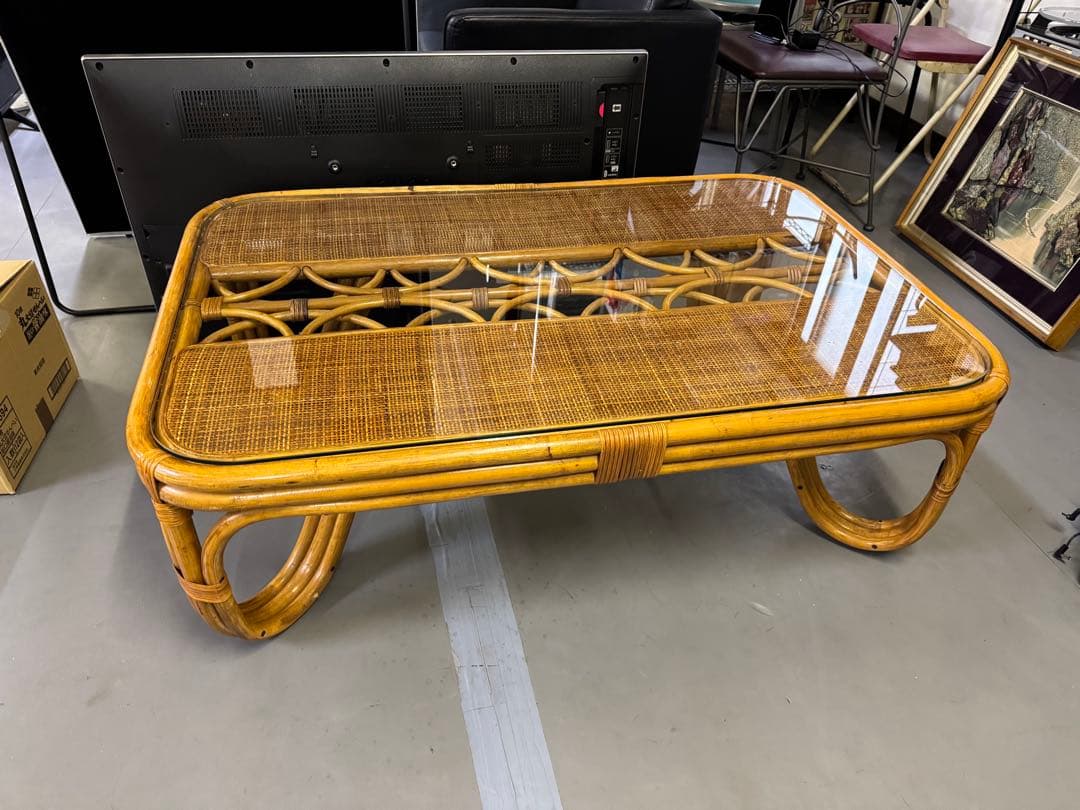 ラタン　ローテーブル　センターテーブル　座卓　ガラス天板　籐　昭和レトロ