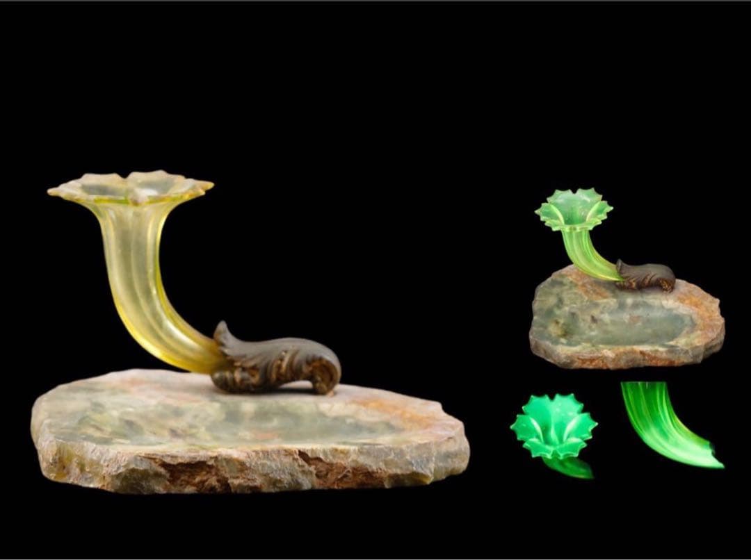 西洋 豊穣の角 コルヌコピア フリル ウランガラス 金彩 小物入れ 時代物