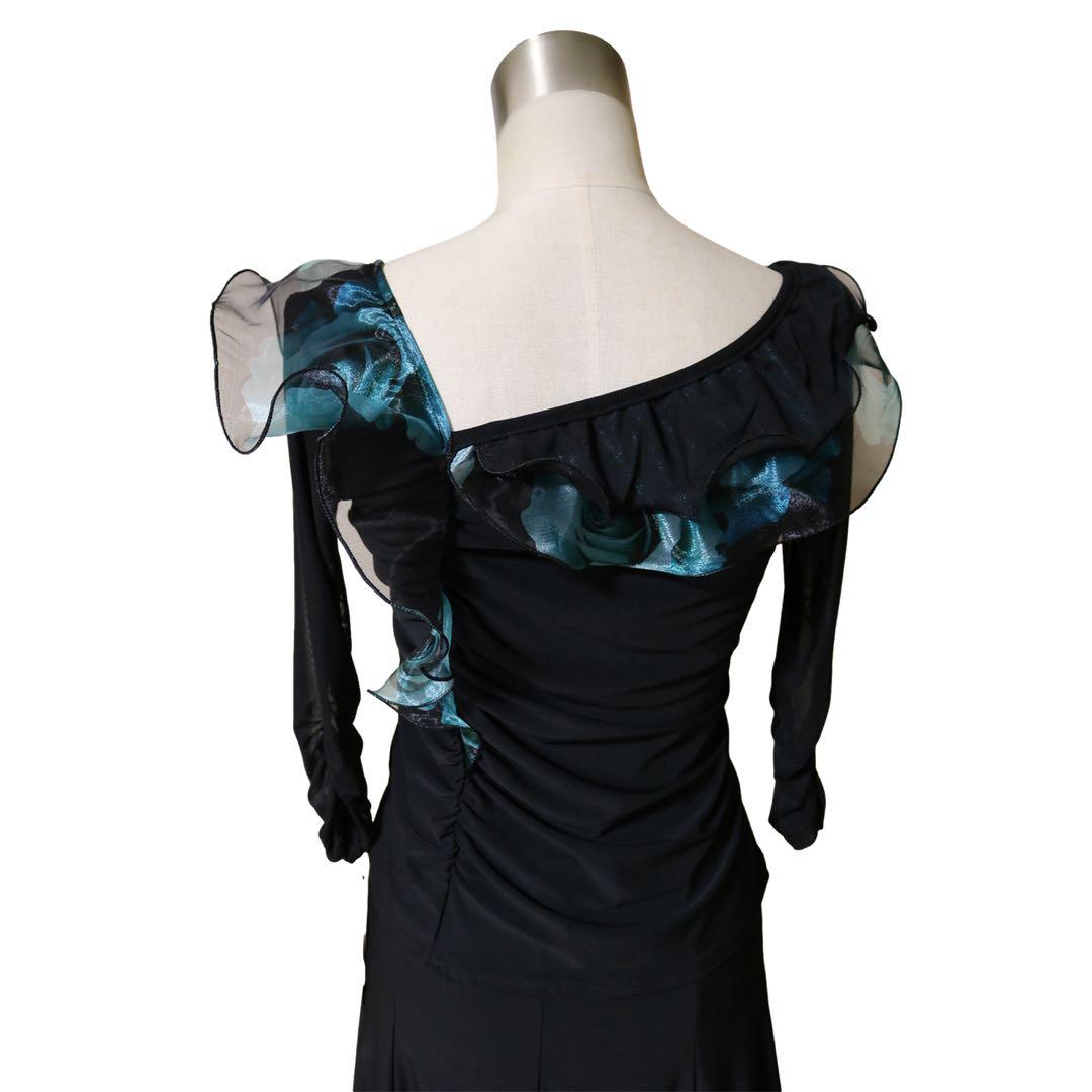 【新品/即納/匿配】社交ダンスセット/スカート&トップス/黒土台のエメ緑系ローズ