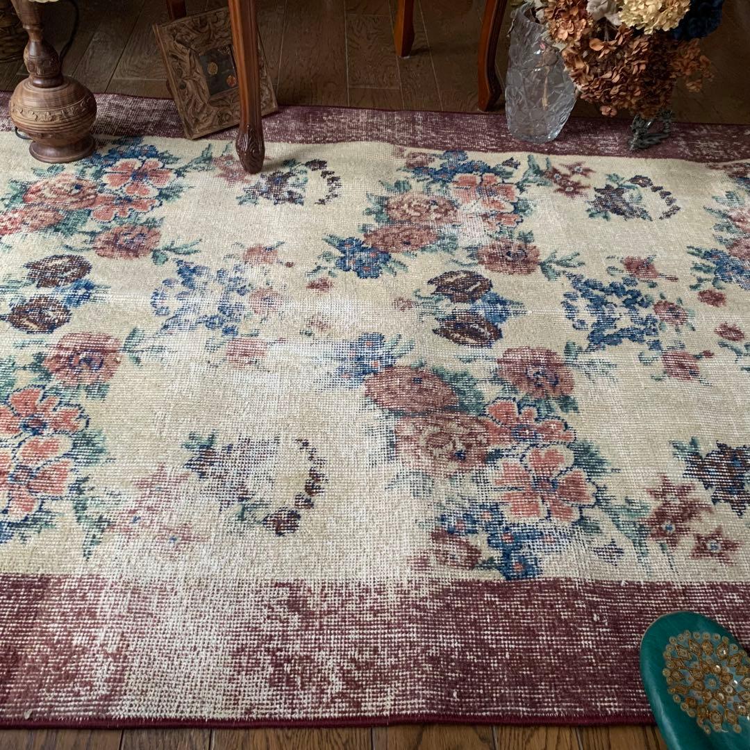 バーガンディ　トルコヴィンテージラグ　210×109 ボタニカル　 オーバーダイ