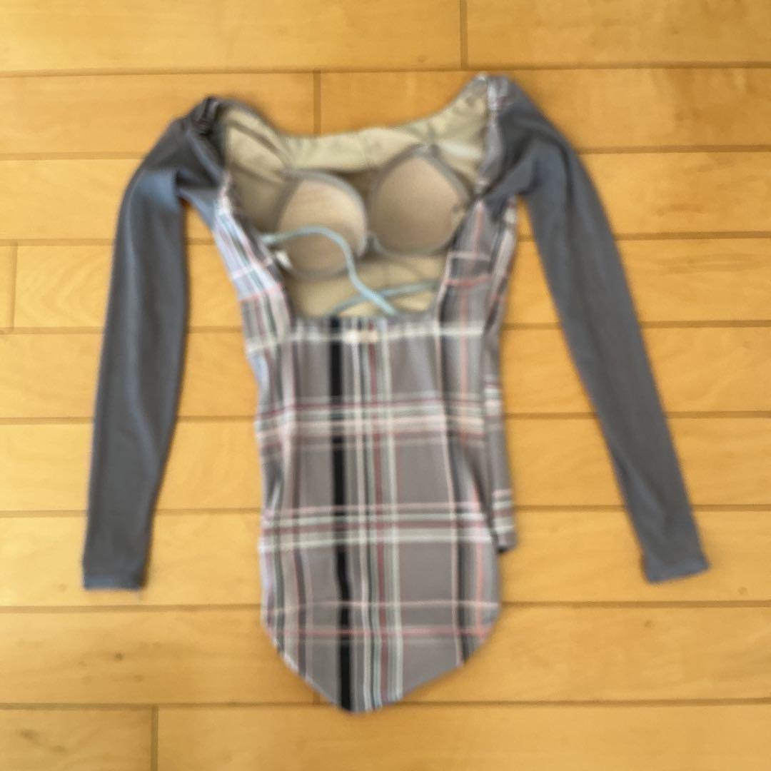 グレー チェック柄 長袖レオタード