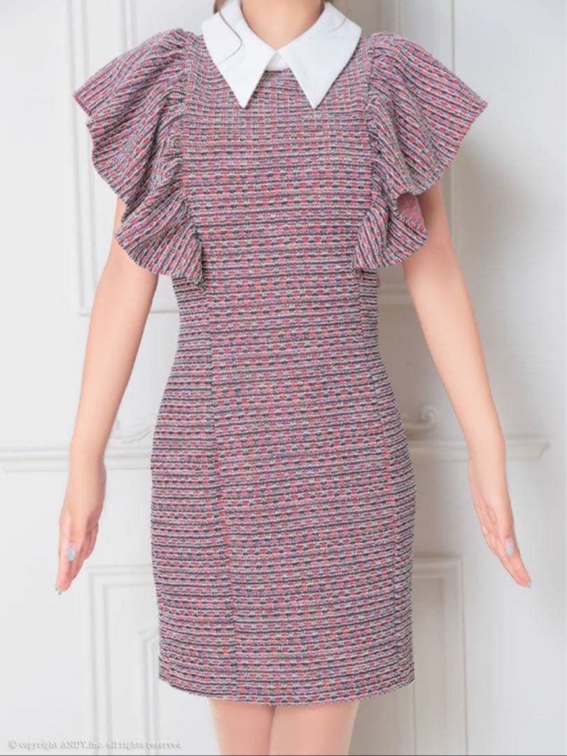 an アン フリル袖 シンプル 襟付き ツイード タイトミニドレス Mサイズ