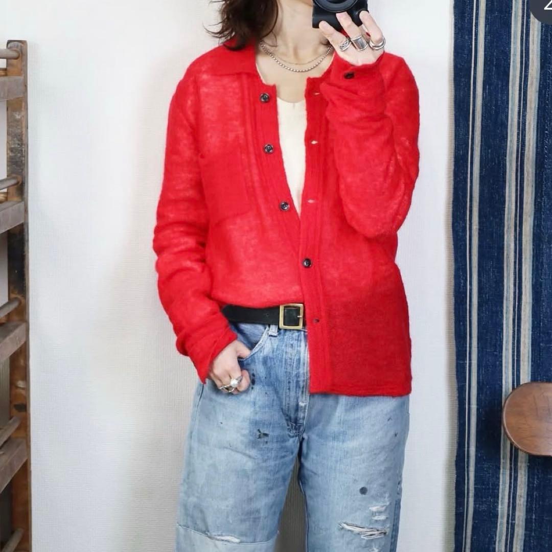 美品【HOWIE】ポロニットカーディガン レッド モヘヤ混 フリー