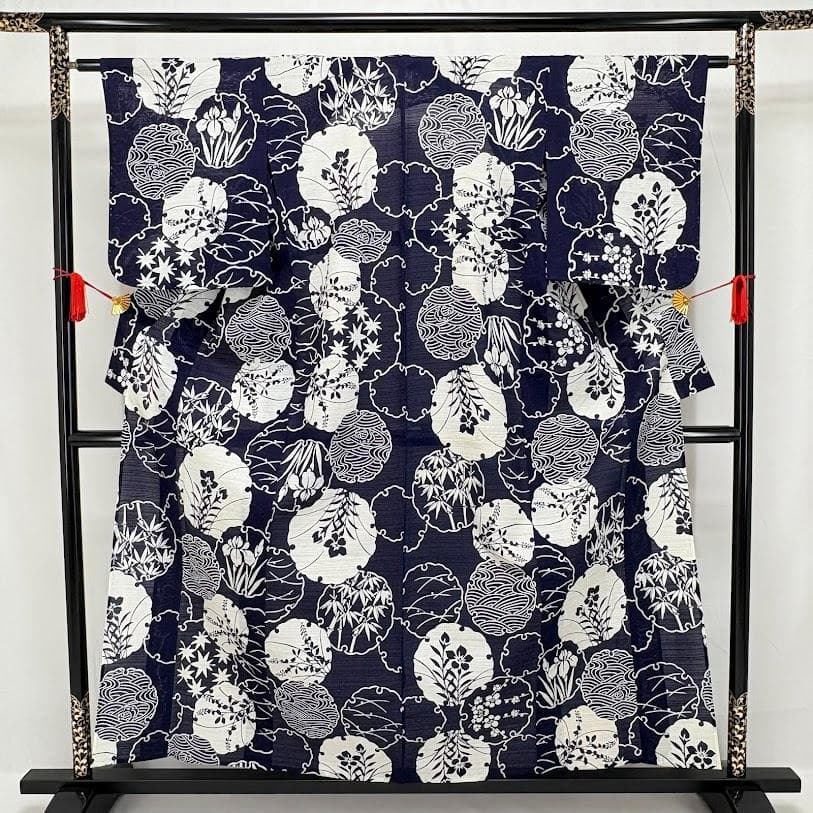 ゆりのはな　未使用品　綿絽　浴衣　竺仙風　雪輪に花柄　綿　仕立て上がり　G402