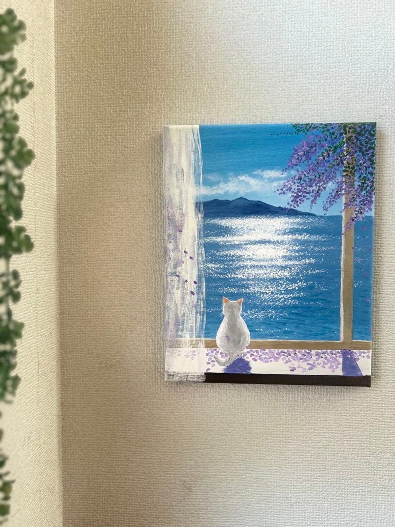 コ*ん様 猫の風景画 アクリル絵画　キラキラ輝く海を眺める子猫ちゃん