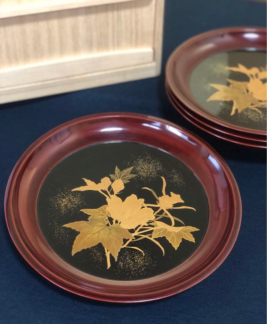 《R》蒔絵 丸盆 菓子盆4客 木製漆器 木箱　260128く2
