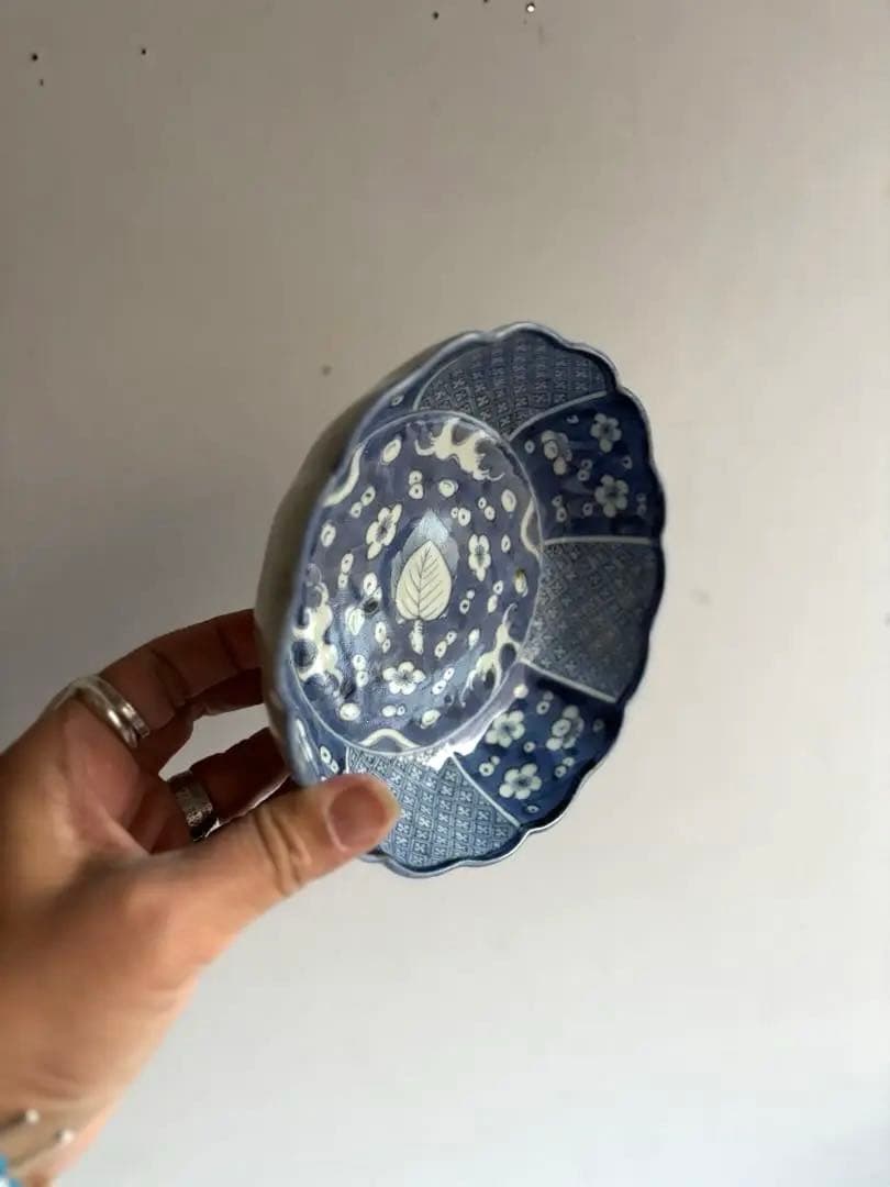 783 骨董 アンティーク 古伊万里 染付け 梅紋輪花なます皿 5寸 幕末 上物