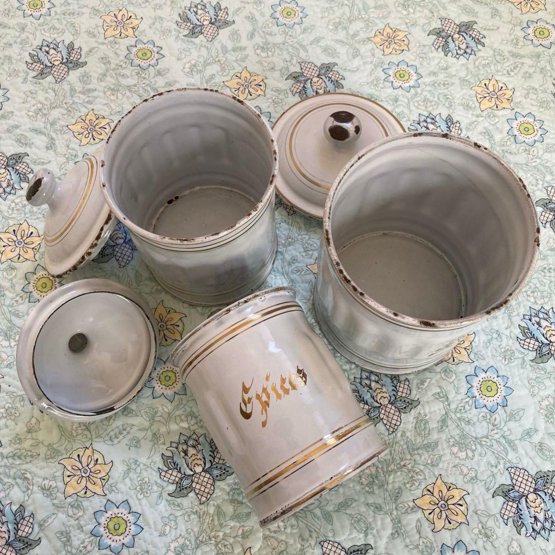 ♪フランスアンティーク キャニスター 琺瑯 6個セット ホワイト 金文字