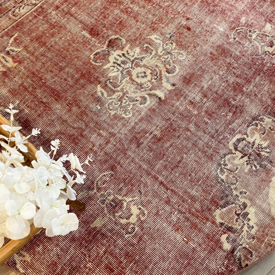 超大判145×145 ／ラウンド／レッドシャビー　トルコヴィンテージラグ