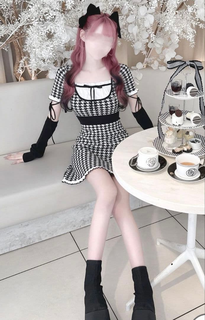 ハニーミュウアームカバー付きバックリボン千鳥ワンピース