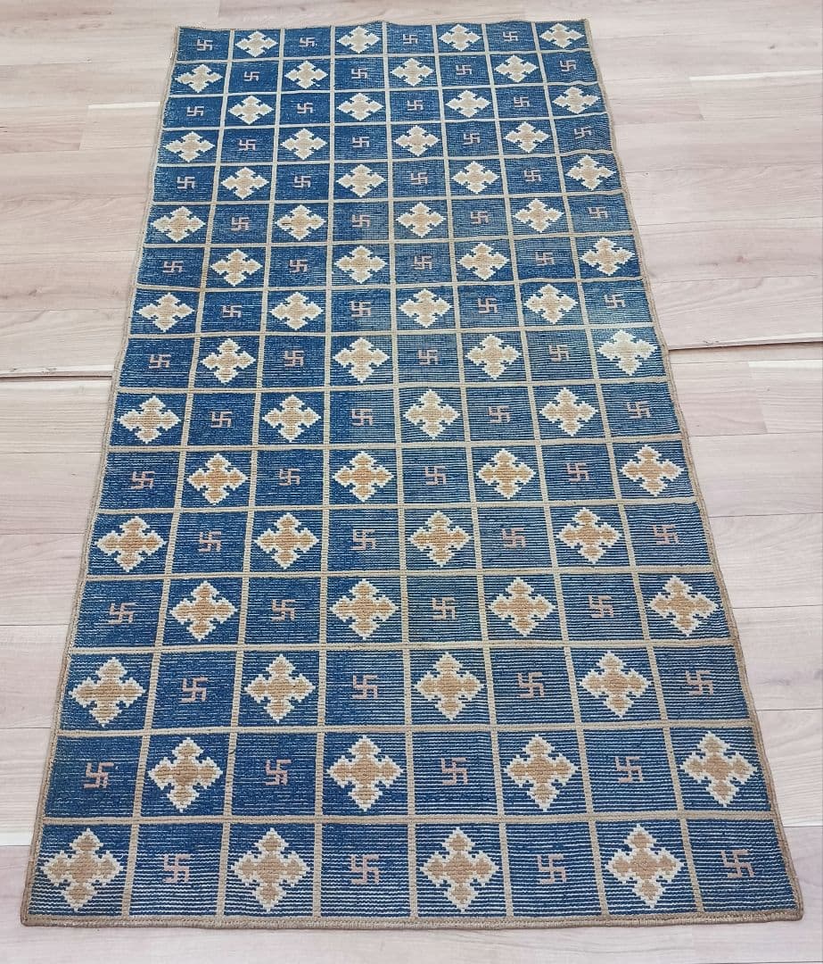 Y1128-2 幻の古緞通 赤穂緞通 卍格子文段通 絨毯 189×91㎝