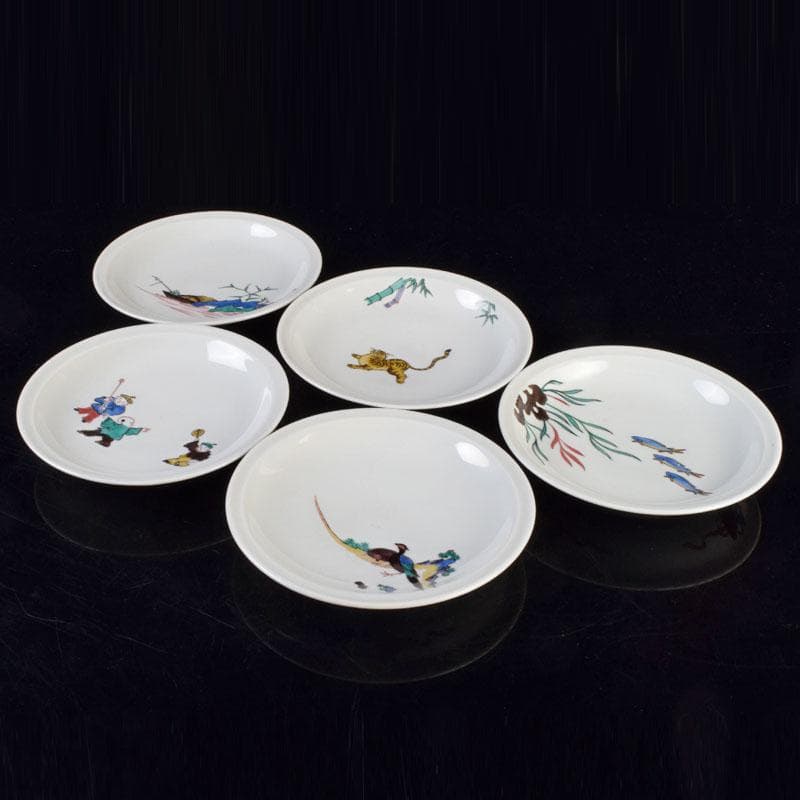 九谷焼　初代徳田八十吉造　古九谷写　絵変中皿　五客二組　共箱　F　R9208B