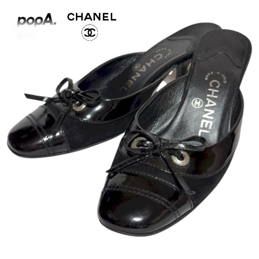 【美品✨】CHANEL ブラックミュール リボン付き