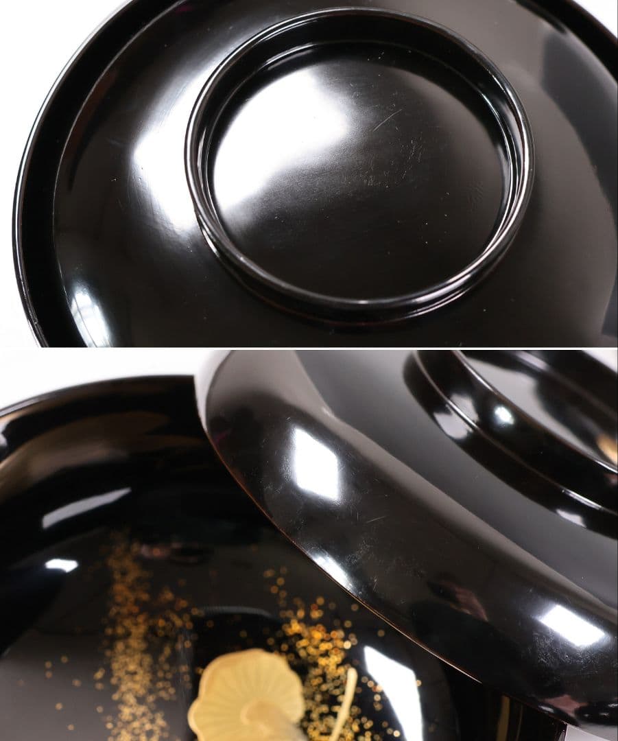 【CM412】天然木漆塗 加賀蒔絵 蓮と野菜金蒔絵 黒煮物椀 五客 漆器 昭和期