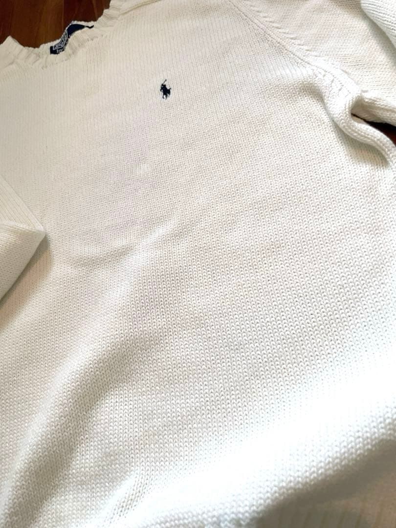90sポロラルフローレン 刺繍ロゴ ホワイト コットンニット 正規代理タグ L