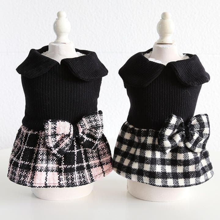 0271-1犬服ドッグウェアペット服温かいチェック柄ワンピースリボン