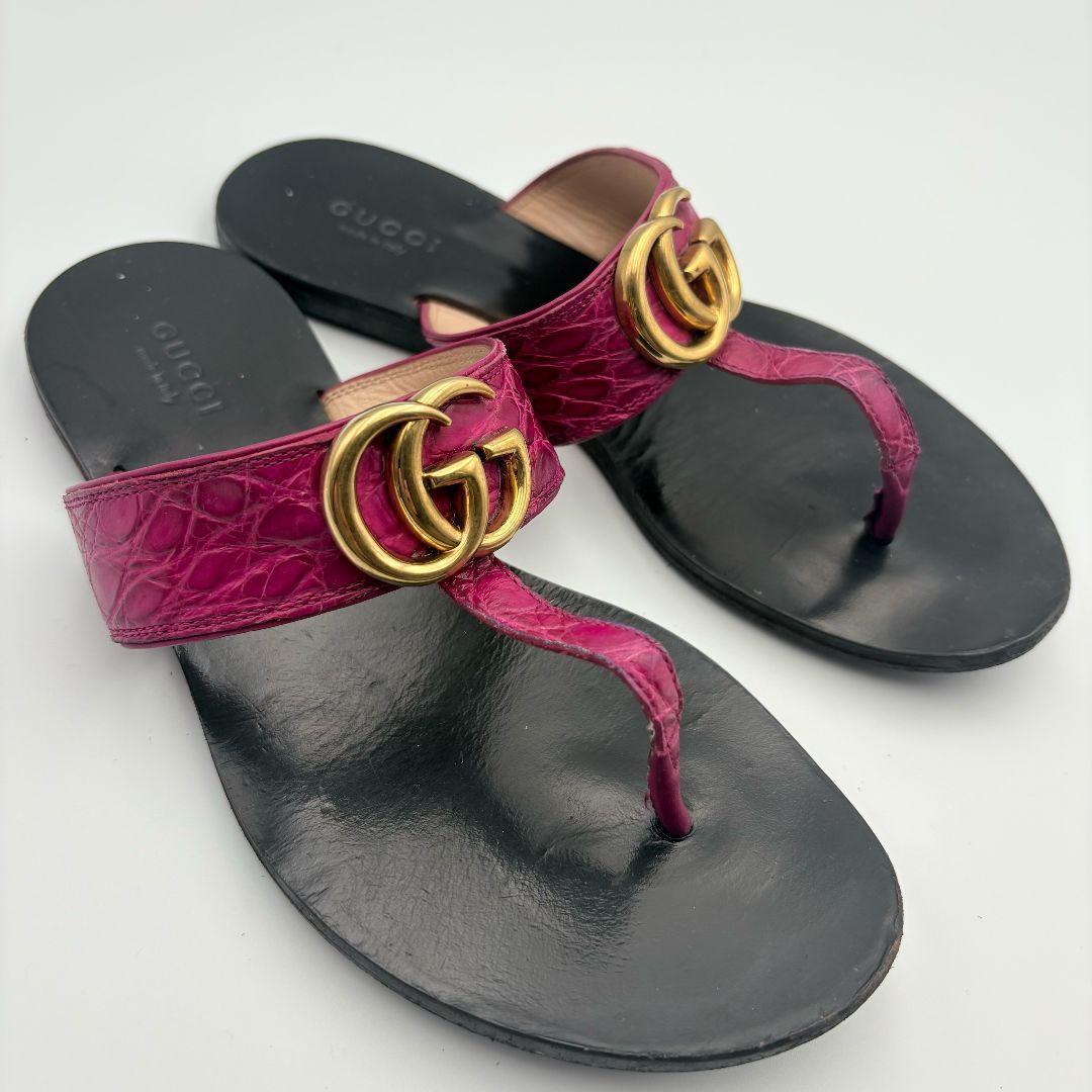 グッチ　GGマーモント　クロコ　レザー　トングサンダル　ブラック　パープル