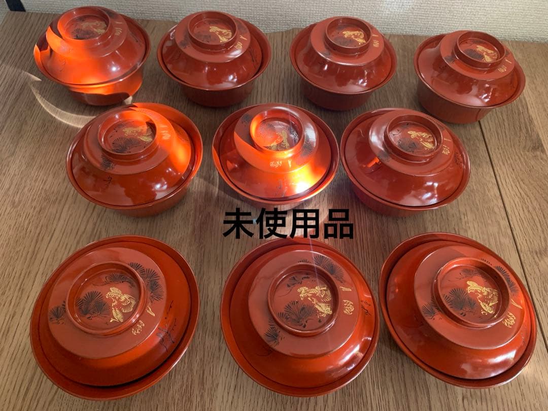 輪島塗　朱沈金蒔絵吸物椀10客　時代物　木製うるし塗　羽反　アンティーク