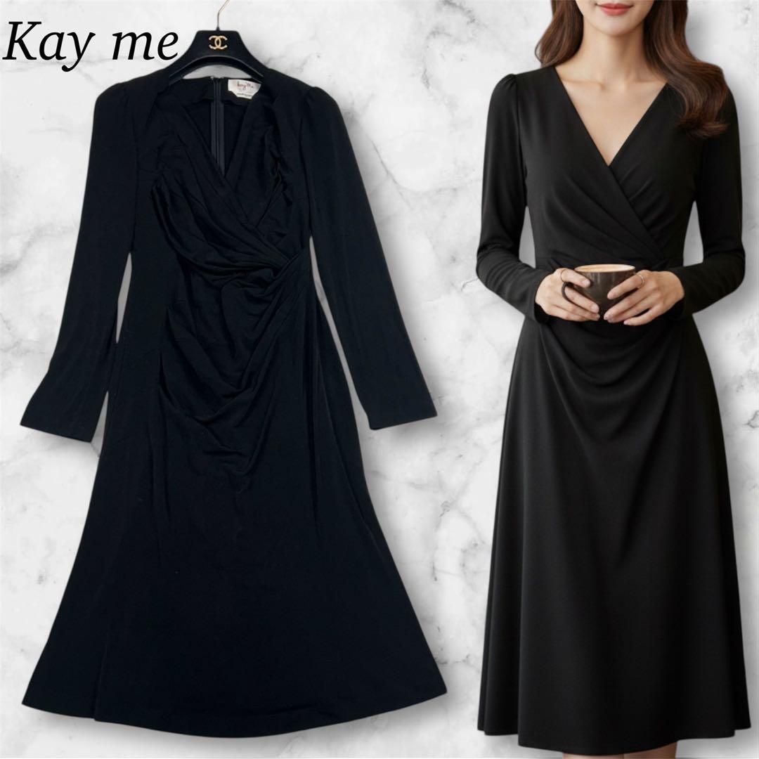 K925 M ケイミー ストレッチ 長袖 ひざ丈ワンピース ブラック レディース