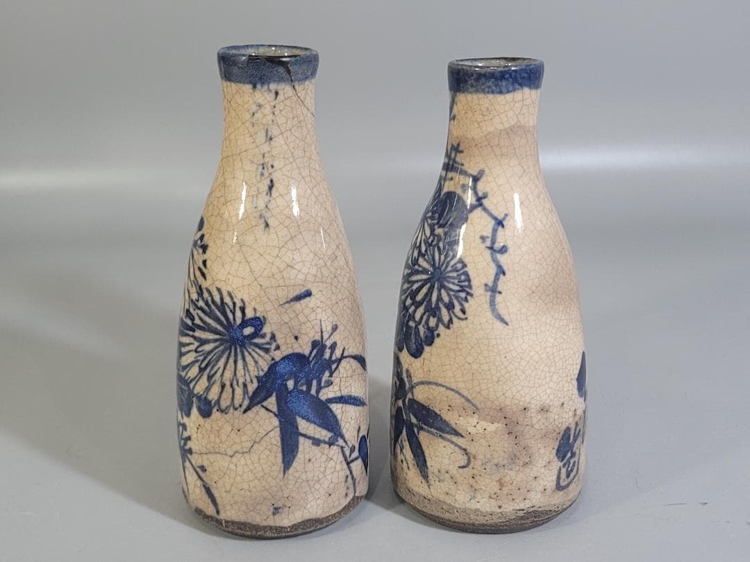 京焼 仁清造 染付 菊草模様 瓶 一対 DT441