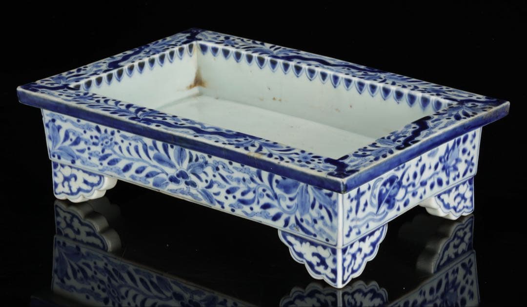 古伊万里 染付花唐草文 雲足 四方水盤 幅31㎝ 盆栽鉢 水石鉢 古美術 骨董品