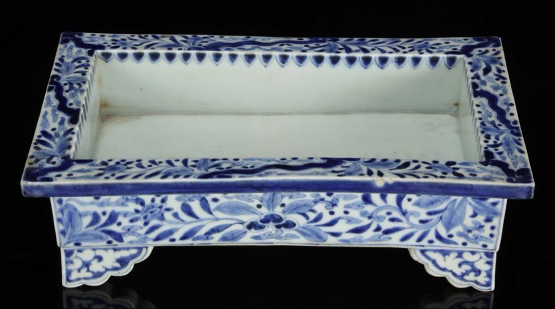 古伊万里 染付花唐草文 雲足 四方水盤 幅31㎝ 盆栽鉢 水石鉢 古美術 骨董品