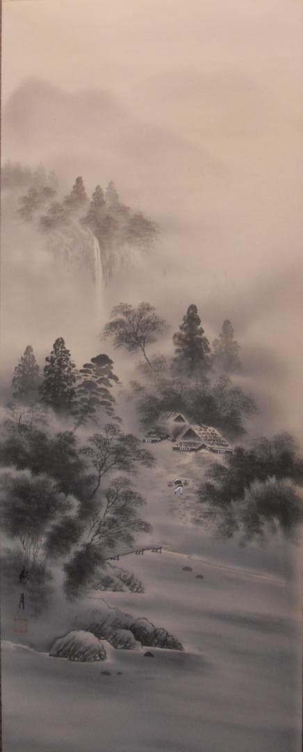 掛け軸 恵月 水墨山水 絹本 希少 軸装 茶道具 掛軸 美品 です。