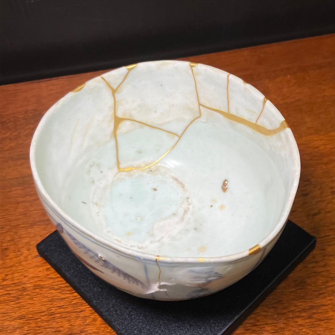 古染付 金継 歪み茶碗 T0628-3