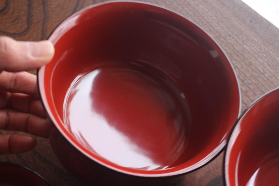 デッドストック！上質朱漆に風情ある網目文の映える筒形大椀2点（検京塗煮物椀