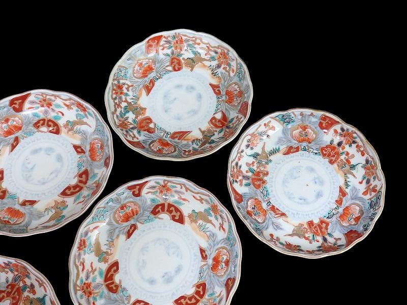 古伊万里　色絵　窓絵 獅子に花の図　４寸皿　５枚　C205AS-CVw