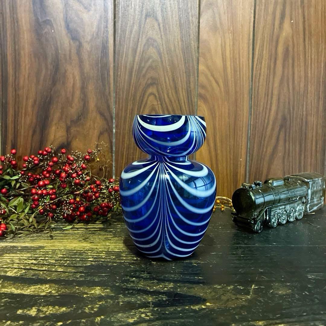 骨董　時代ガラス　超希少　瑠璃色ガラス　掻き揚げ　ヒヤシンス瓶　水耕栽培