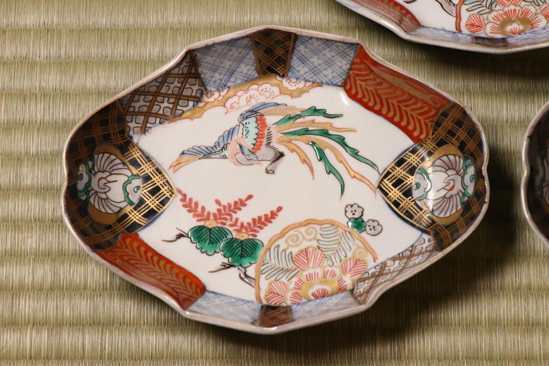 【CM52】古伊万里 桐鳳凰図 変形 刺身皿 五客 鶴 金彩 錦手 菱形 向付