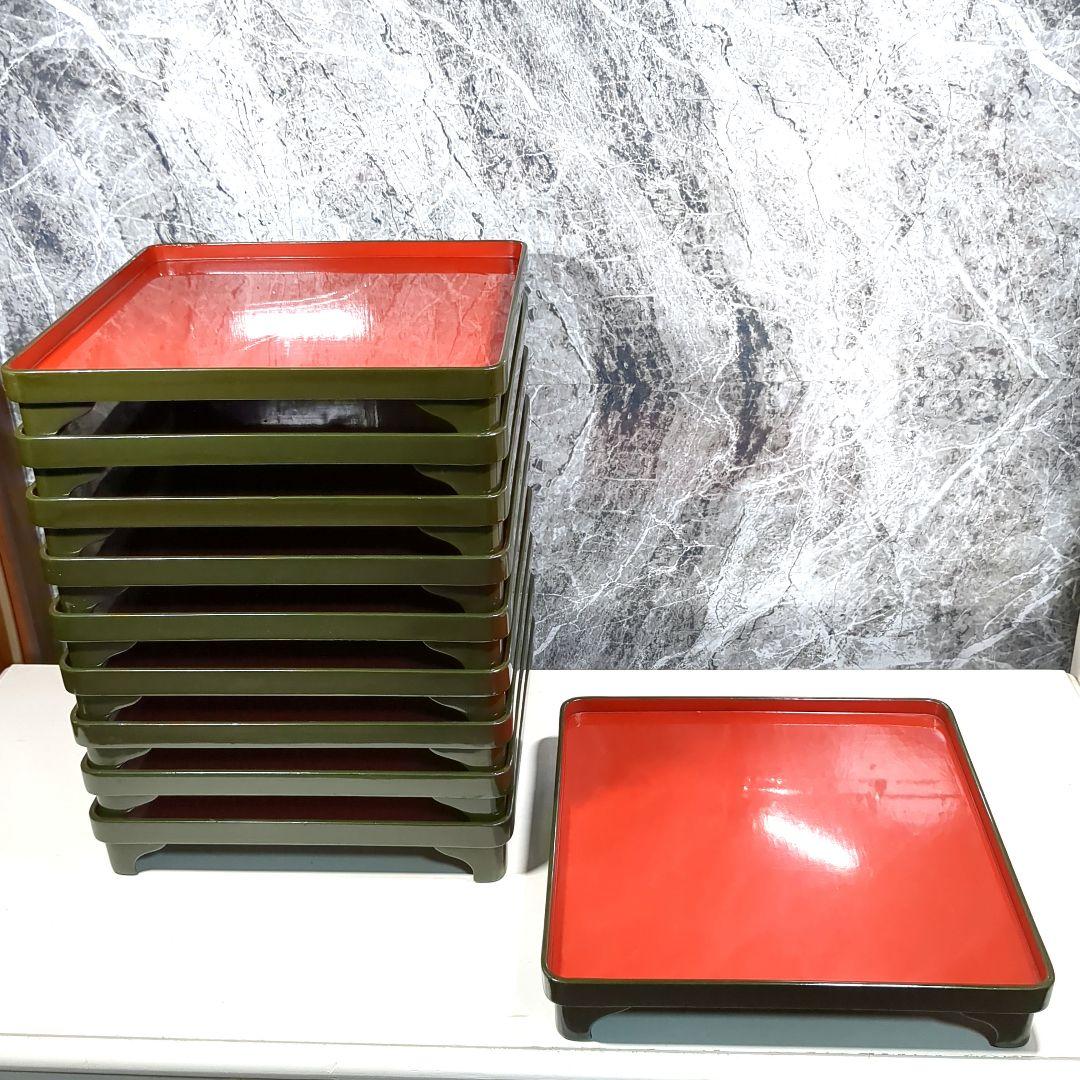 木製 漆器 緑内朱 脚付会席膳 10客セット 江戸時代後期 骨董品 黒漆木箱付き