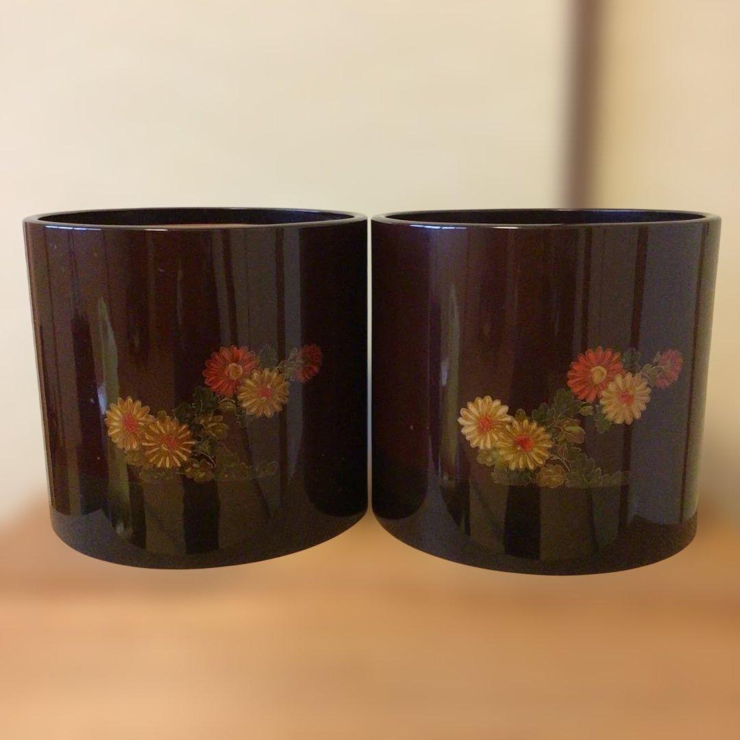 アンティーク　輪島塗り　手あぶり　火鉢　一対　木箱付き　落とし付き　呂色　菊模様