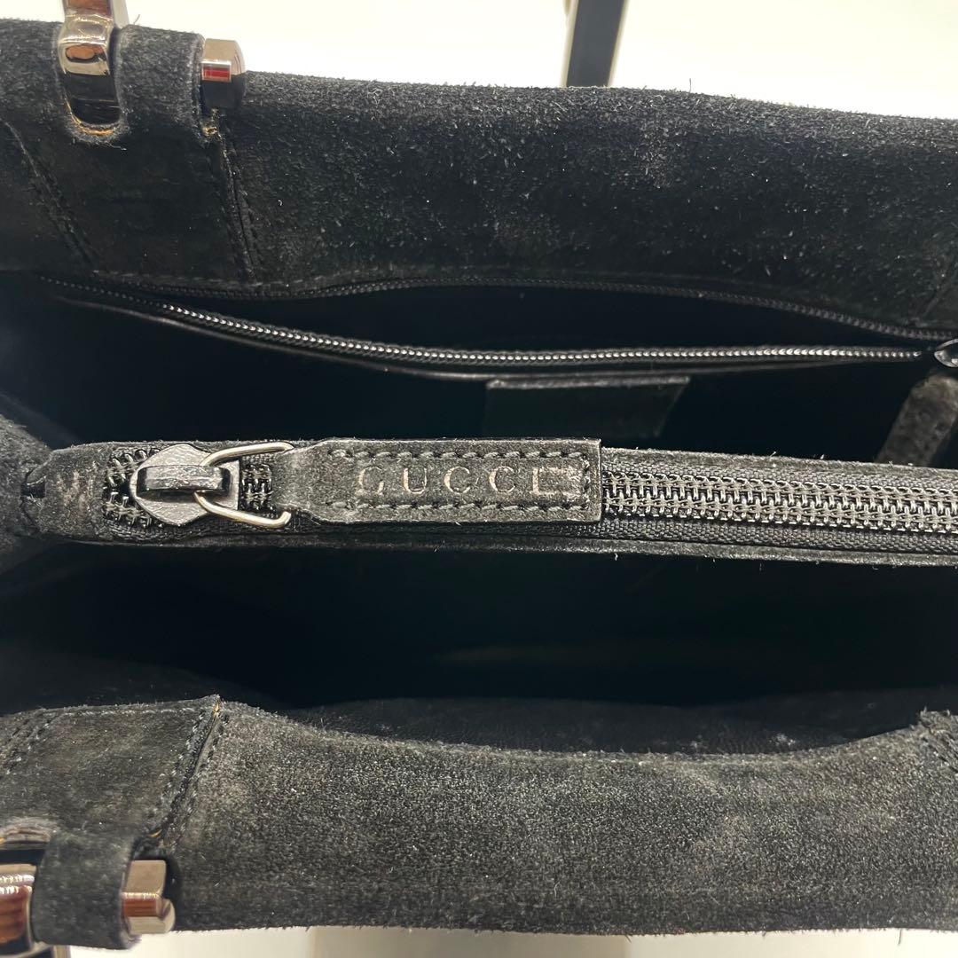 GUCCI スエード　メタルハンドル　ハンドバッグ　ブラック　レザー