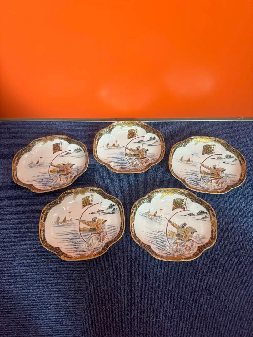 1819  明治時代　九谷焼　細密絵付人物山水図　菱形皿　5客　時代物