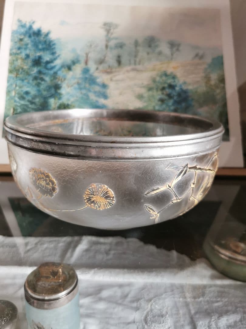 アンティーク サグリエ ドーム アシッド＆透明ガラス 宿り木 蒲公英 銀縁大深鉢