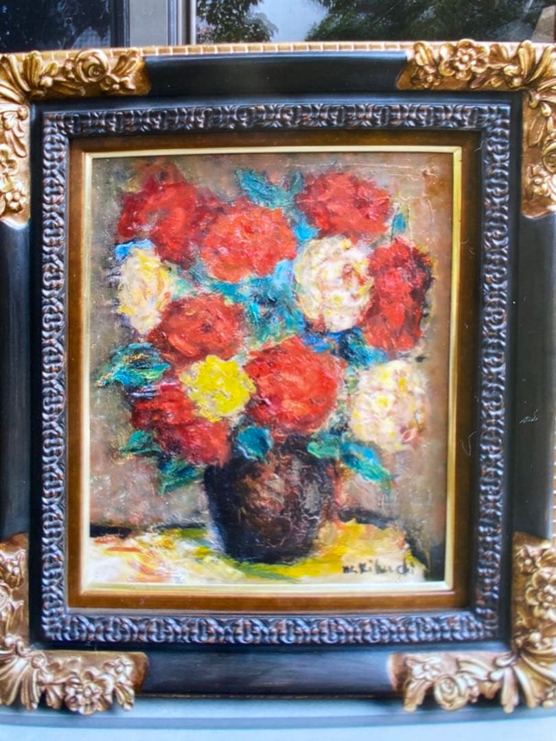 絵画　油彩画　油絵　F8 「2色のバラ」パリ　菊地正則　豪華　美品　額付き